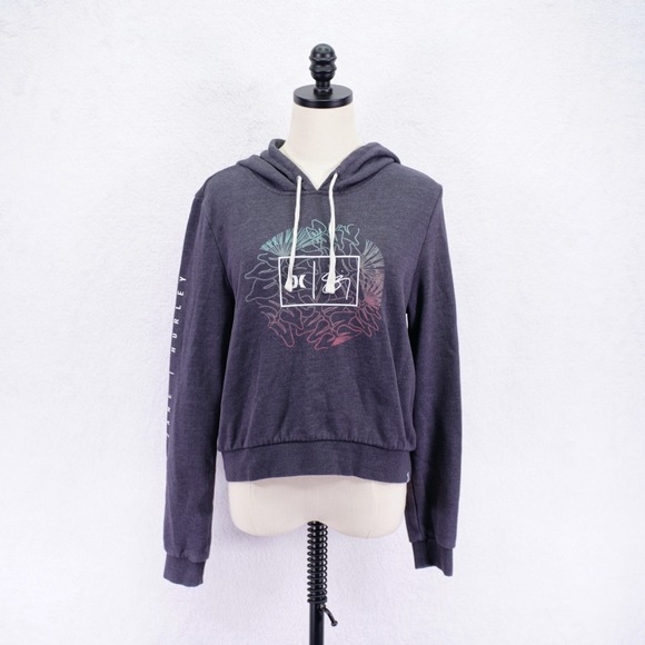 Hurley Tops - Hurley -Medium- Gray Hooded Long Sleeve Pullover Sweater Floral